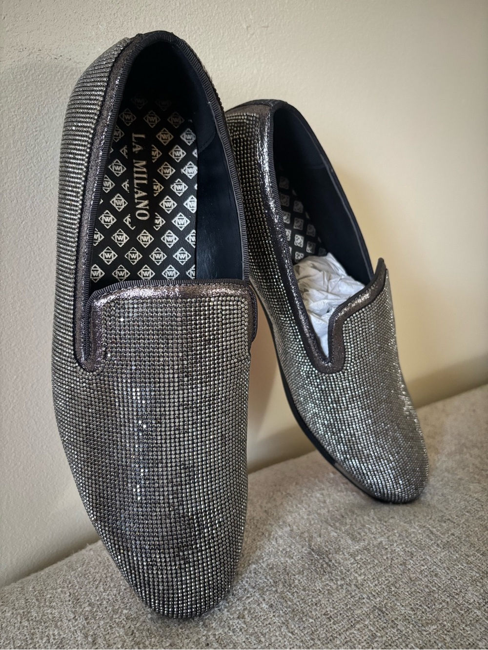 Milano Men’s Silver Crystal Slip-On Loafers — Glitz Evening Loafers